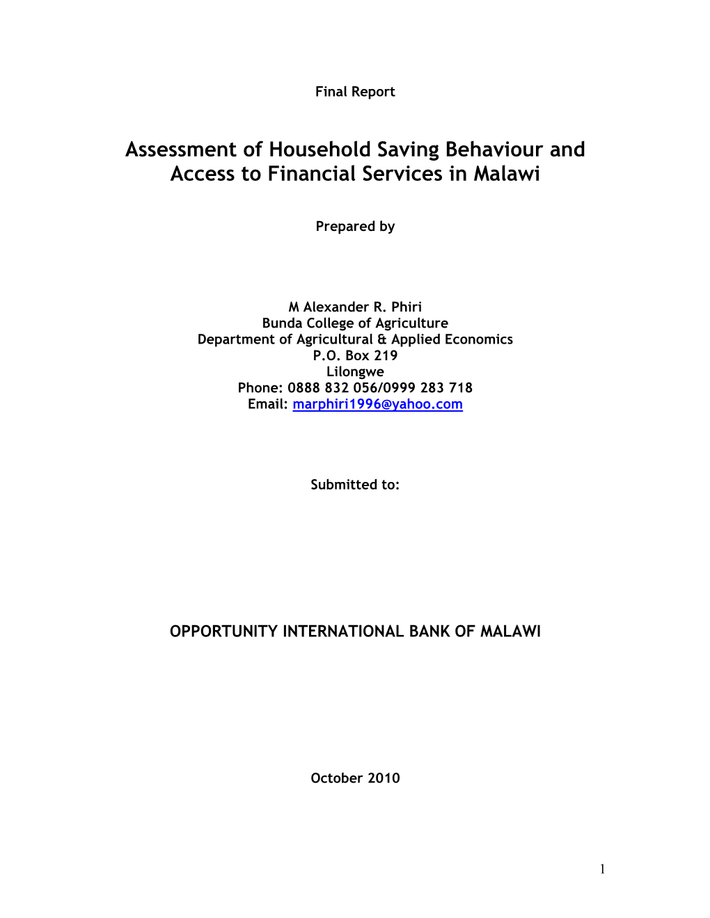 Assessment of Household Saving Behaviour and Access to Financial Services in Malawi