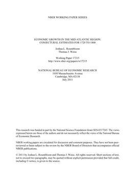 Economic Growth in the Mid Atlantic Region: Conjectural Estimates for 1720 to 1800