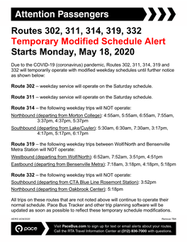 Routes 302, 311, 314, 319, 332 Temporary Modified Schedule Alert Starts Monday, May 18, 2020
