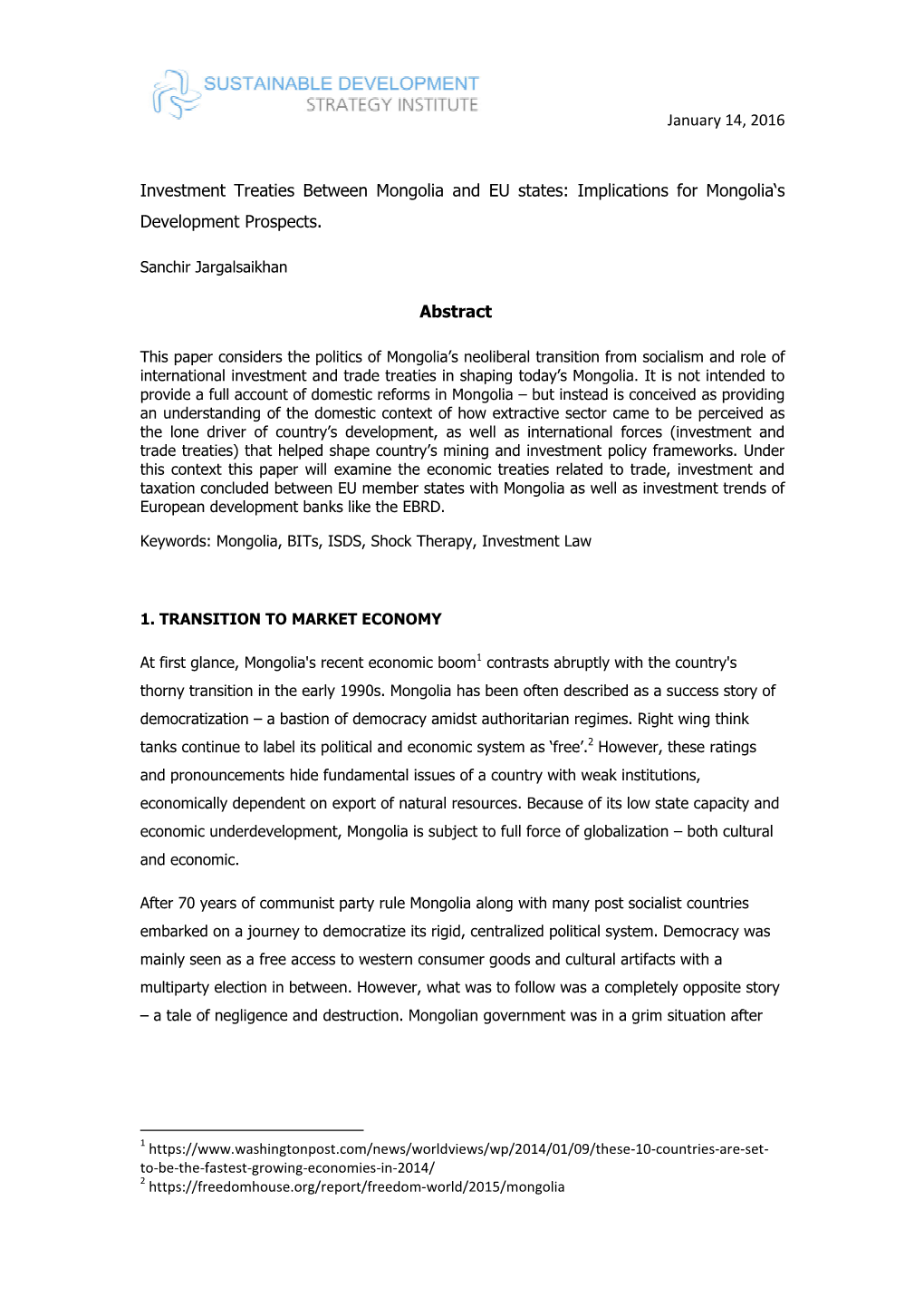 January 14, 2016 Investment Treaties Between Mongolia and EU States