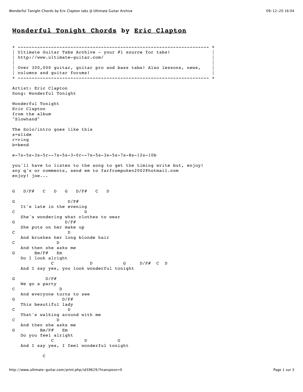 Wonderful Tonight Chords by Eric Clapton Tabs @ Ultimate Guitar Archive 09-12-20 16:04