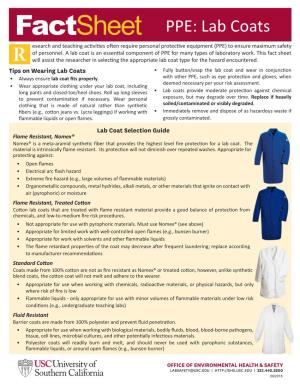PPE:In Laboratories Lab Coats Esearch and Teaching Activities Often Require Personal Protective Equipment (PPE) to Ensure Maximum Safety of Personnel