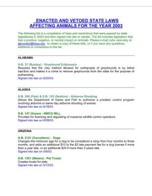 Enacted and Vetoed State Laws Affecting Animals for the Year 2003