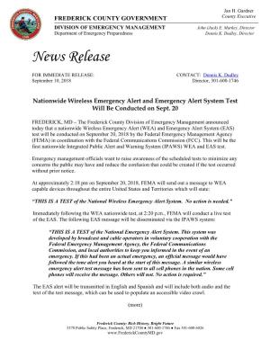 Emergency Alert and Emergency Alert System Test Will Be Conducted on Sept