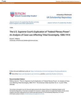 Federal Plenary Power": an Analysis of Case Law Affecting Tribal Sovereignty, 1886-1914