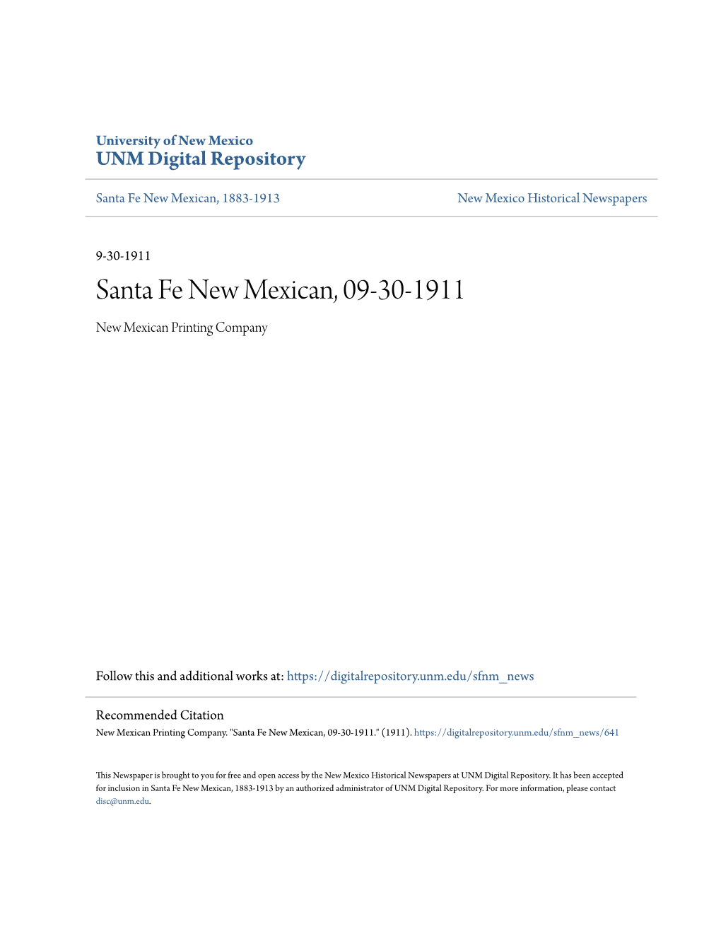 Santa Fe New Mexican, 09-30-1911 New Mexican Printing Company