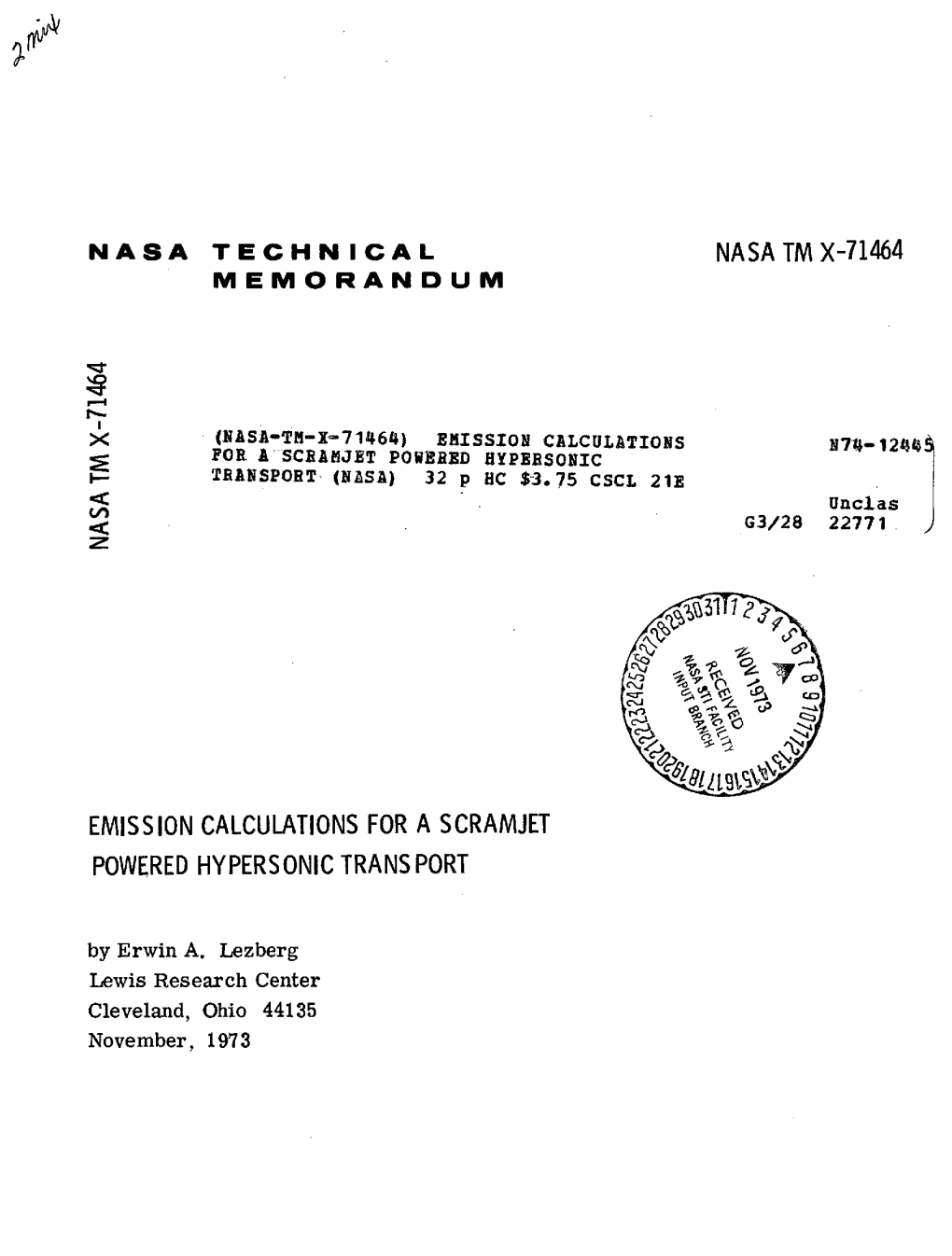 EMISSION CALCULATIONS for a SCRAMJET POWERED HYPERSONIC TRANS PORT by Erwin A