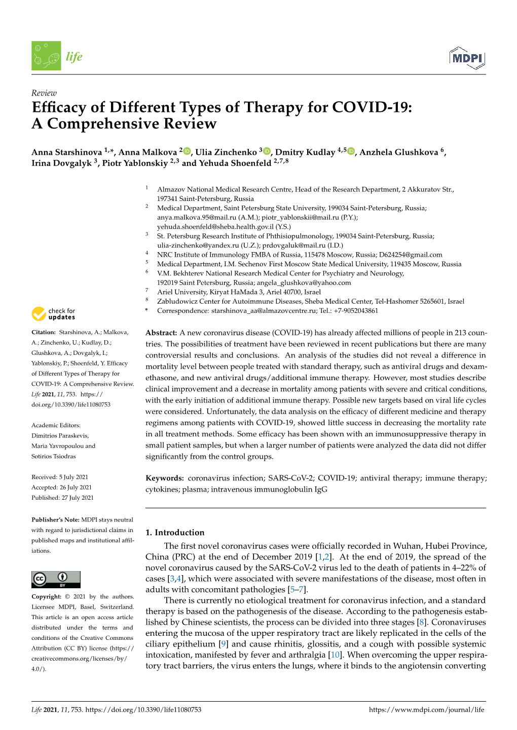 Efficacy of Different Types of Therapy for COVID-19