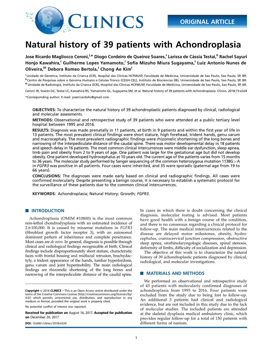 Natural History of 39 Patients with Achondroplasia