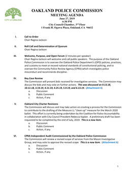 OAKLAND POLICE COMMISSION MEETING AGENDA June 27, 2019 6:30 PM City Council Chamber, 3Rd Floor 1 Frank H