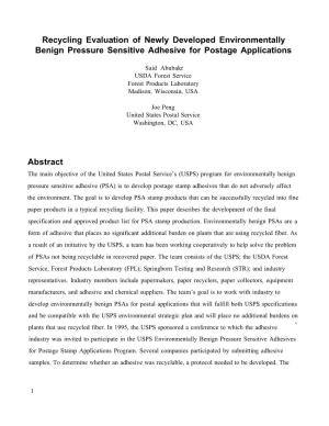 Recycling Evaluation of Newly Developed Environmentally Benign Pressure Sensitive Adhesive for Postage Applications