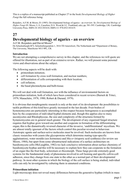 27 Developmental Biology of Agarics - an Overview A.F.M