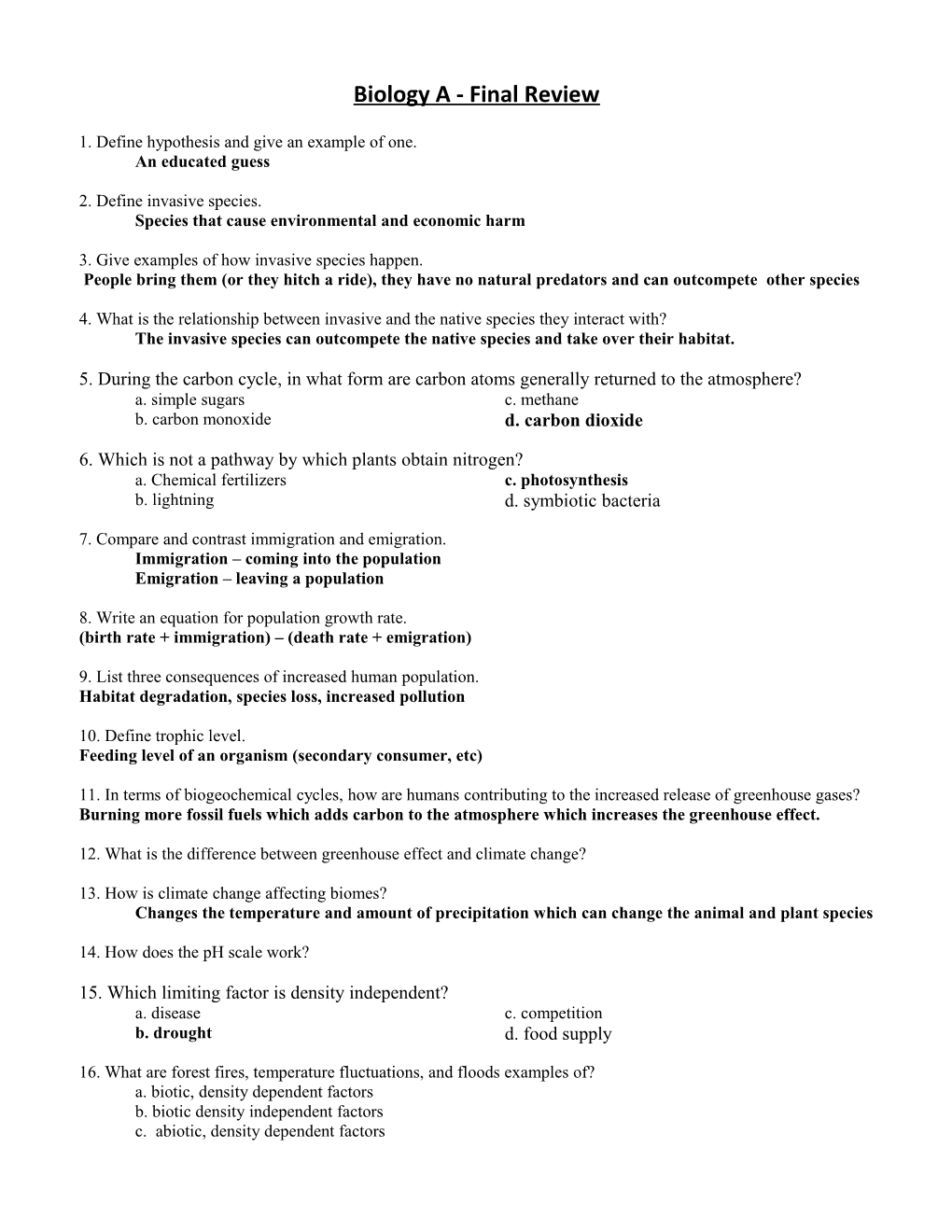 Biology a - Final Review