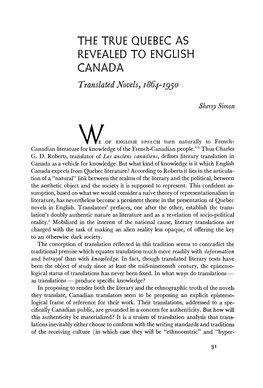 THE TRUE QUEBEC AS REVEALED to ENGLISH CANADA Translated Novels, 1864-Ig^O