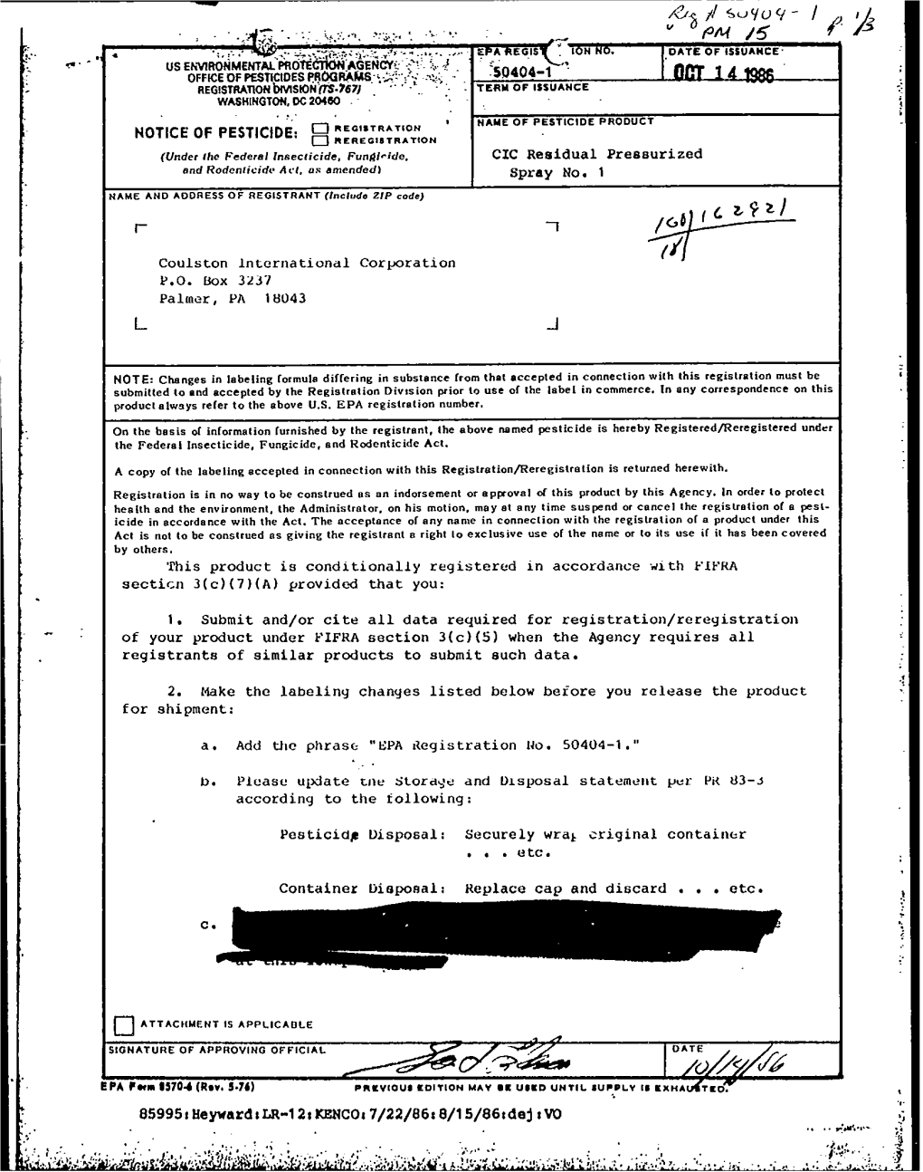 U.S. EPA, Pesticide Product Label, CIC RESIDUAL PRESSURIZED