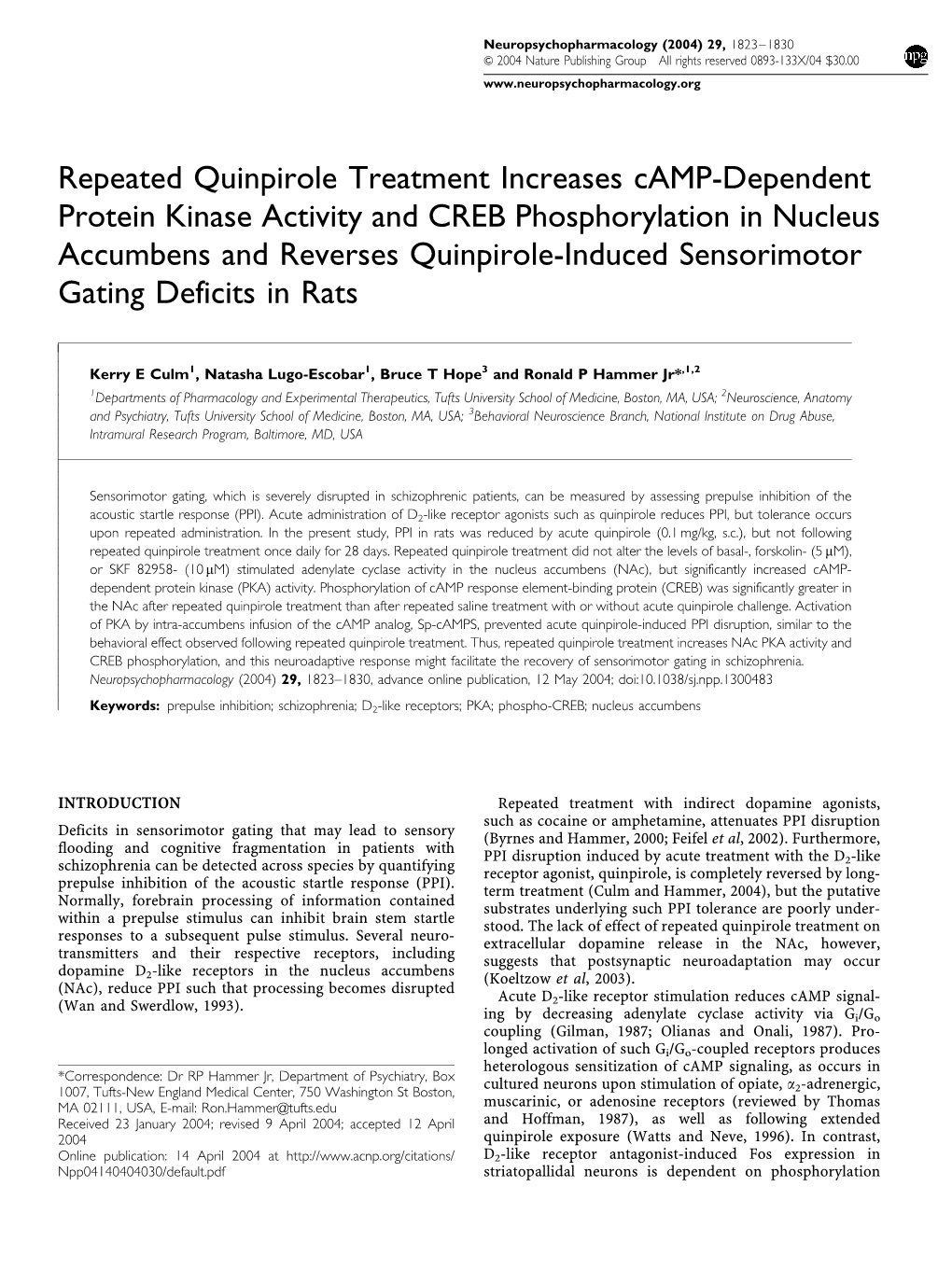 Repeated Quinpirole Treatment Increases Camp-Dependent Protein