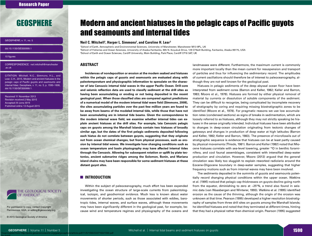 Modern and Ancient Hiatuses in the Pelagic Caps of Pacific Guyots and Seamounts and Internal Tides GEOSPHERE; V