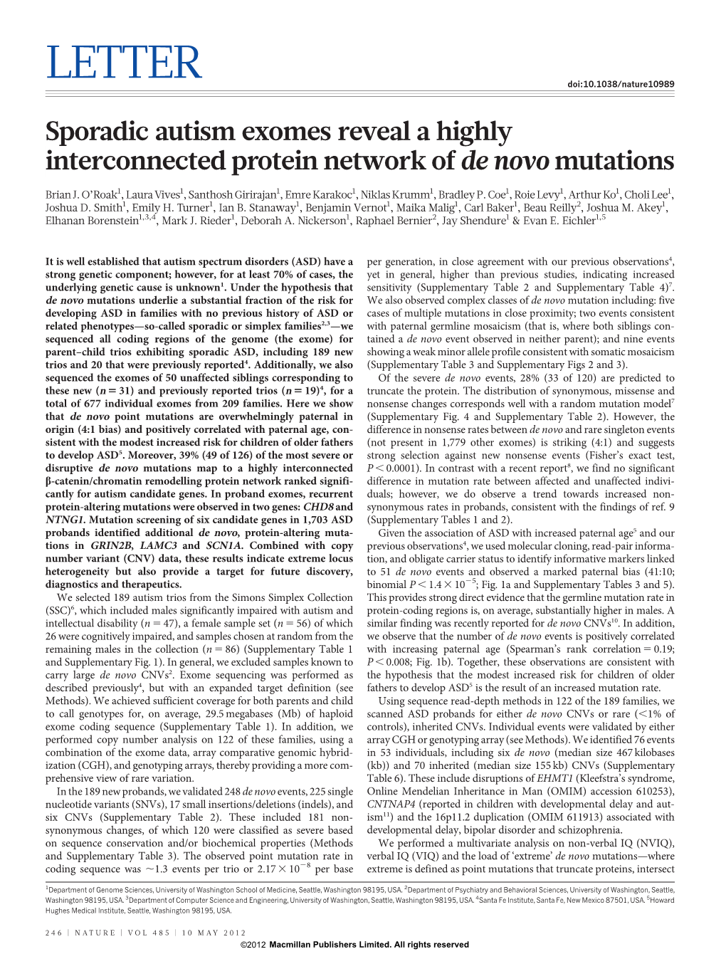 Sporadic Autism Exomes Reveal a Highly Interconnected Protein Network of De Novo Mutations