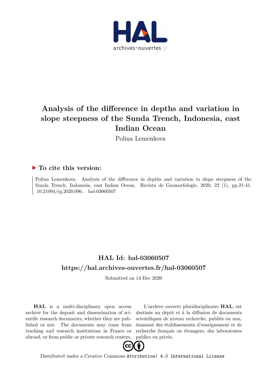 Analysis of the Difference in Depths and Variation in Slope Steepness of the Sunda Trench, Indonesia, East Indian Ocean Polina Lemenkova