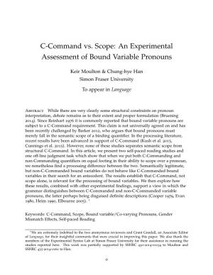 C-Command Vs. Scope: an Experimental Assessment of Bound Variable Pronouns