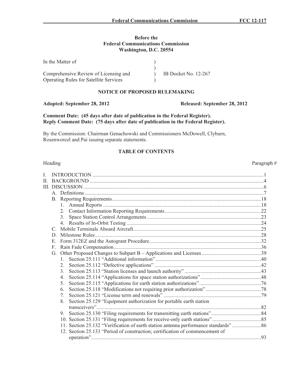 Federal Communications Commission FCC 12-117 Before the Federal Communications Commission Washington, D.C. 20554 in the Matter O