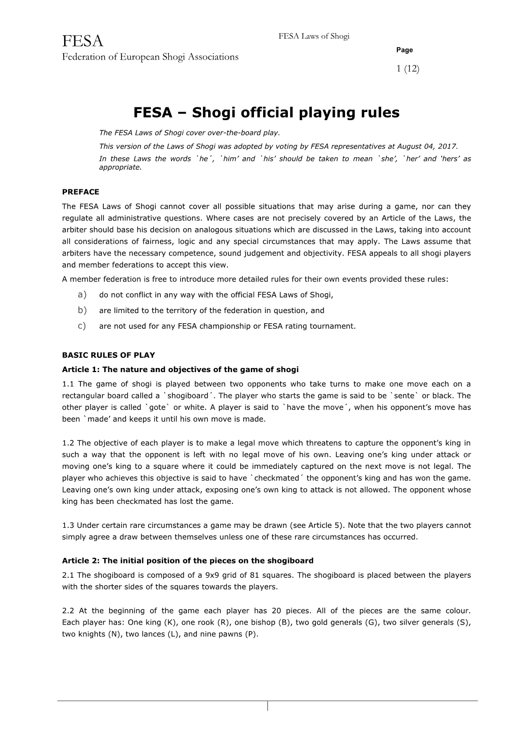 FESA – Shogi Official Playing Rules