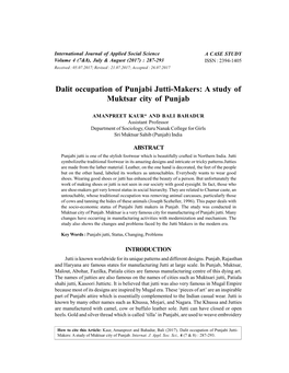 Dalit Occupation of Punjabi Jutti-Makers: a Study of Muktsar City of Punjab