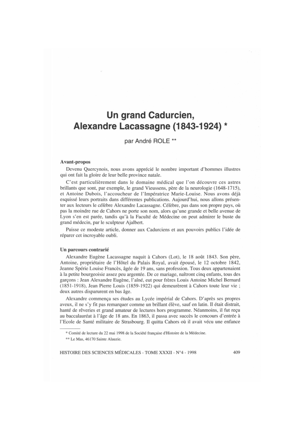 Un Grand Cadurcien, Alexandre Lacassagne (1843-1924) *