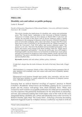 PRELUDE Disability Arts and Culture As Public Pedagogy Leslie G
