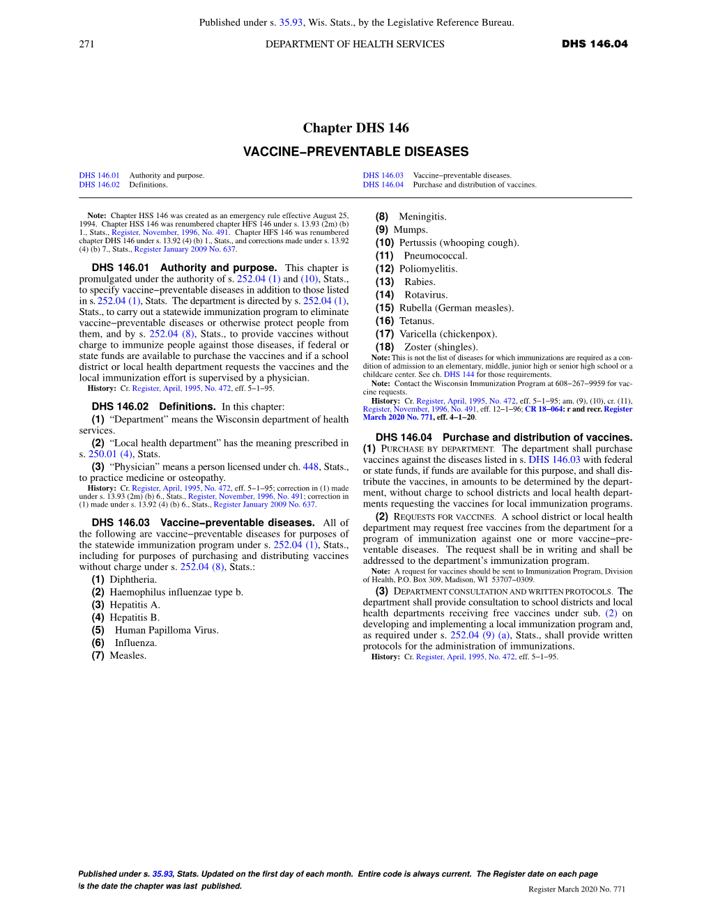 Chapter DHS 146 VACCINE−PREVENTABLE DISEASES