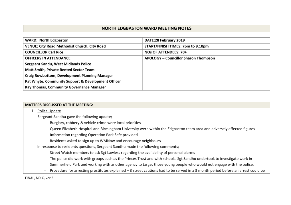 North Edgbaston Ward Meeting Notes