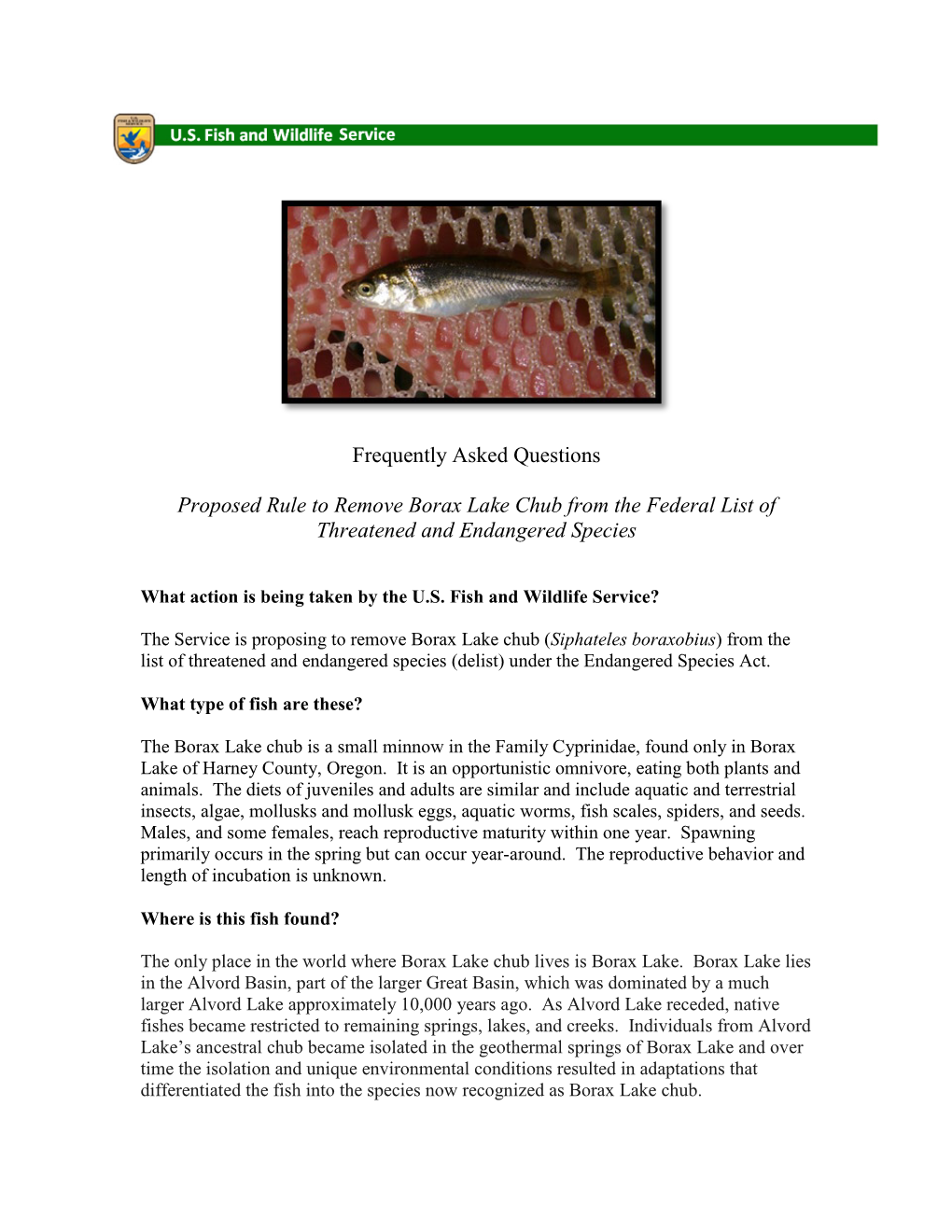 Frequently Asked Questions Proposed Rule to Remove Borax Lake Chub from the Federal List of Threatened and Endangered Species