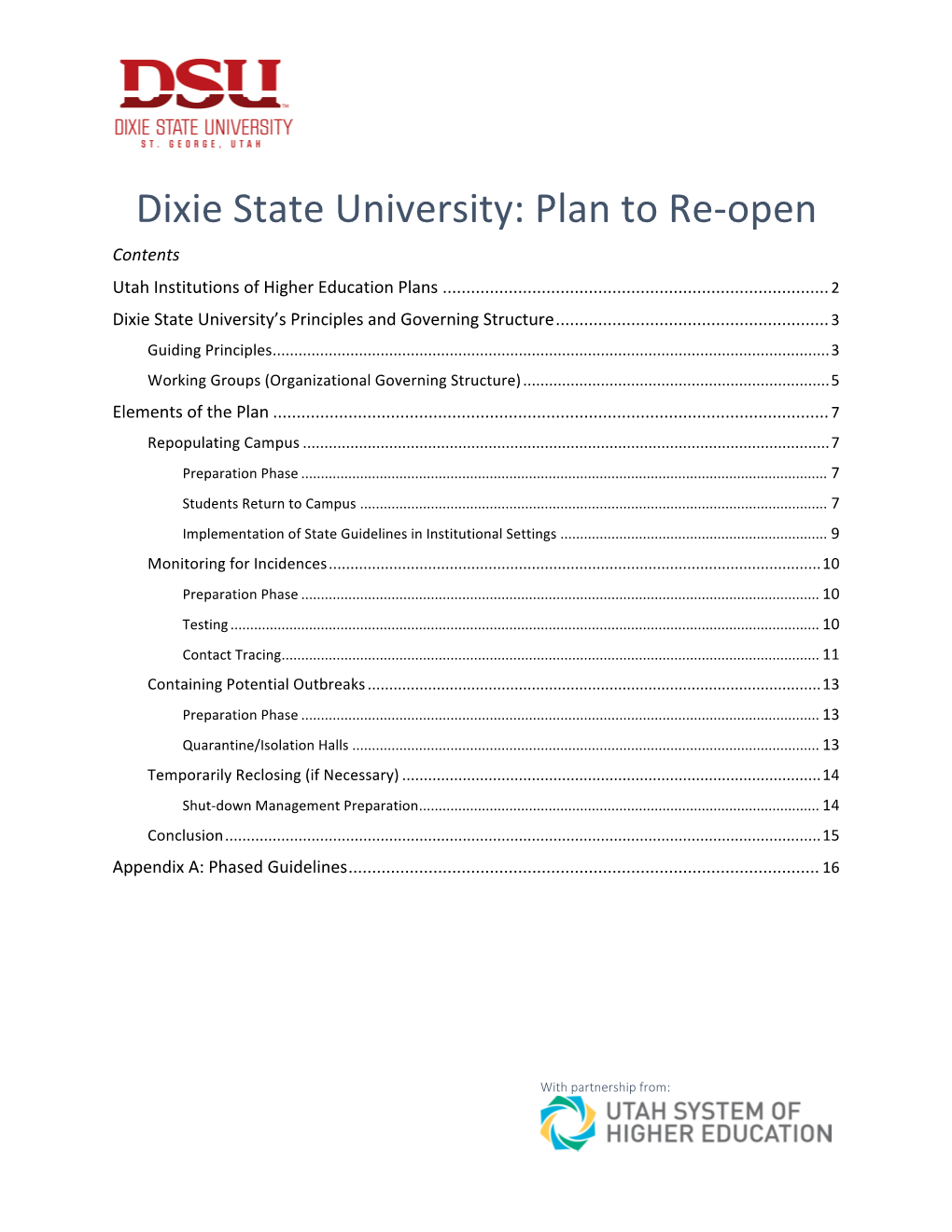Plan to Re-Open Contents Utah Institutions of Higher Education Plans