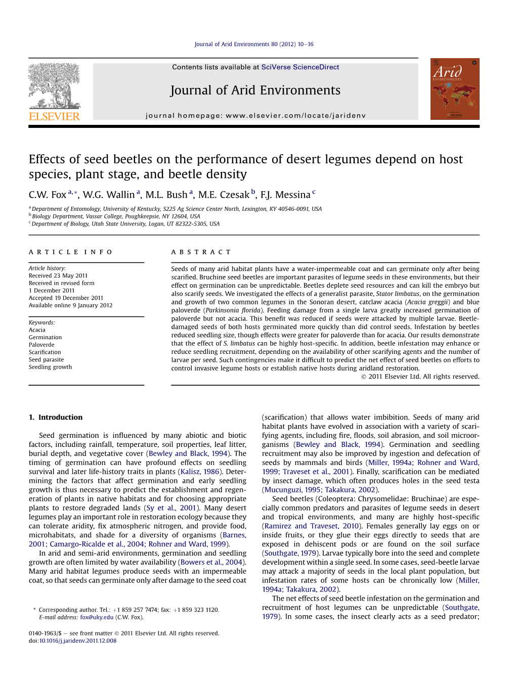 Effects of Seed Beetles on the Performance of Desert Legumes Depend on Host Species, Plant Stage, and Beetle Density