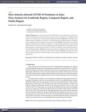 How Schools Affected COVID-19 Pandemic in Italy: Data Analysis for Lombardy Region, Campania Region, and Emilia Region
