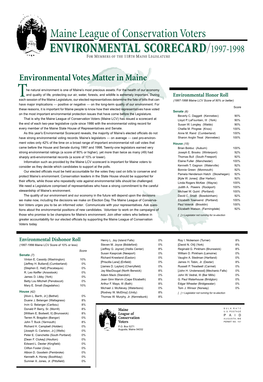 Environmental Scorecardscorecard 1997-1998 for Members of the 118Th Maine Legislature