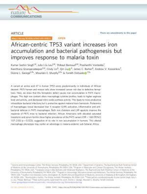African-Centric TP53 Variant Increases Iron Accumulation and Bacterial Pathogenesis but Improves Response to Malaria Toxin