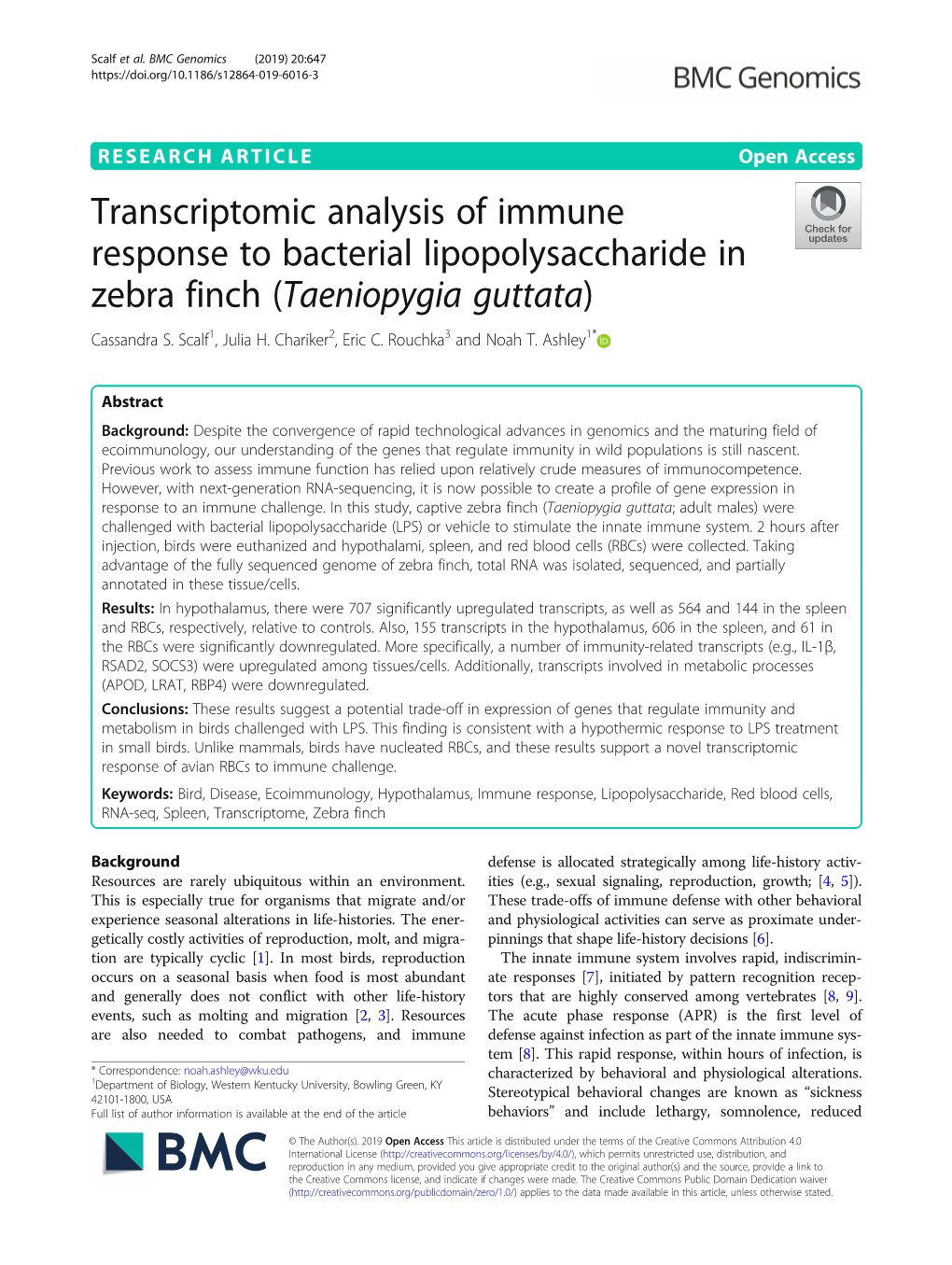 Transcriptomic Analysis of Immune Response to Bacterial Lipopolysaccharide in Zebra Finch (Taeniopygia Guttata) Cassandra S