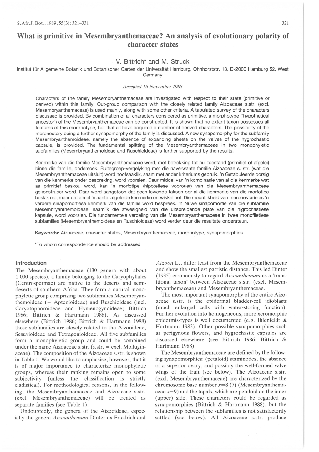 What Is Primitive in Mesembryanthemaceae? an Analysis of Evolutionary Polarity of Character States