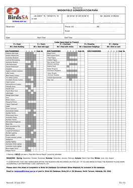 Brookfield CP Bird List