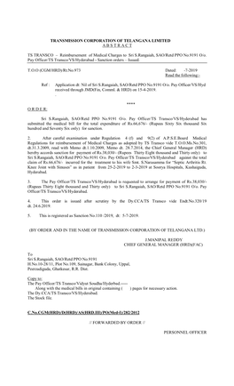 TRANSMISSION CORPORATION of TELANGANA LIMITED a B S T R a C T TS TRANSCO – Reimbursement of Medical Charges to Sri S.Ranga