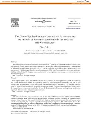 The Cambridge Mathematical Journal and Its Descendants: the Linchpin of a Research Community in the Early and Mid-Victorian Age ✩