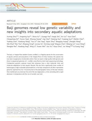 Baiji Genomes Reveal Low Genetic Variability and New Insights Into Secondary Aquatic Adaptations