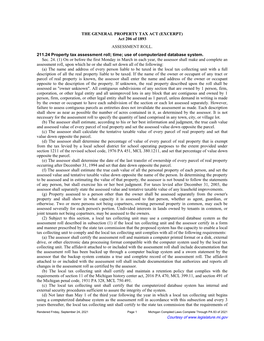 Act 206 of 1893 ASSESSMENT ROLL. 211.24 Property Tax Assessment Roll; Time; Use of Computerized Database System