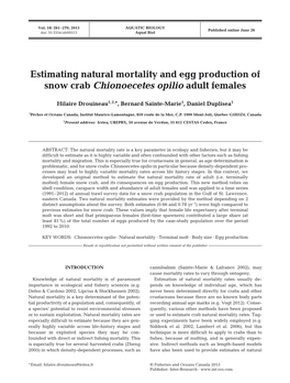 Estimating Natural Mortality and Egg Production of Snow Crab Chionoecetes Opilio Adult Females