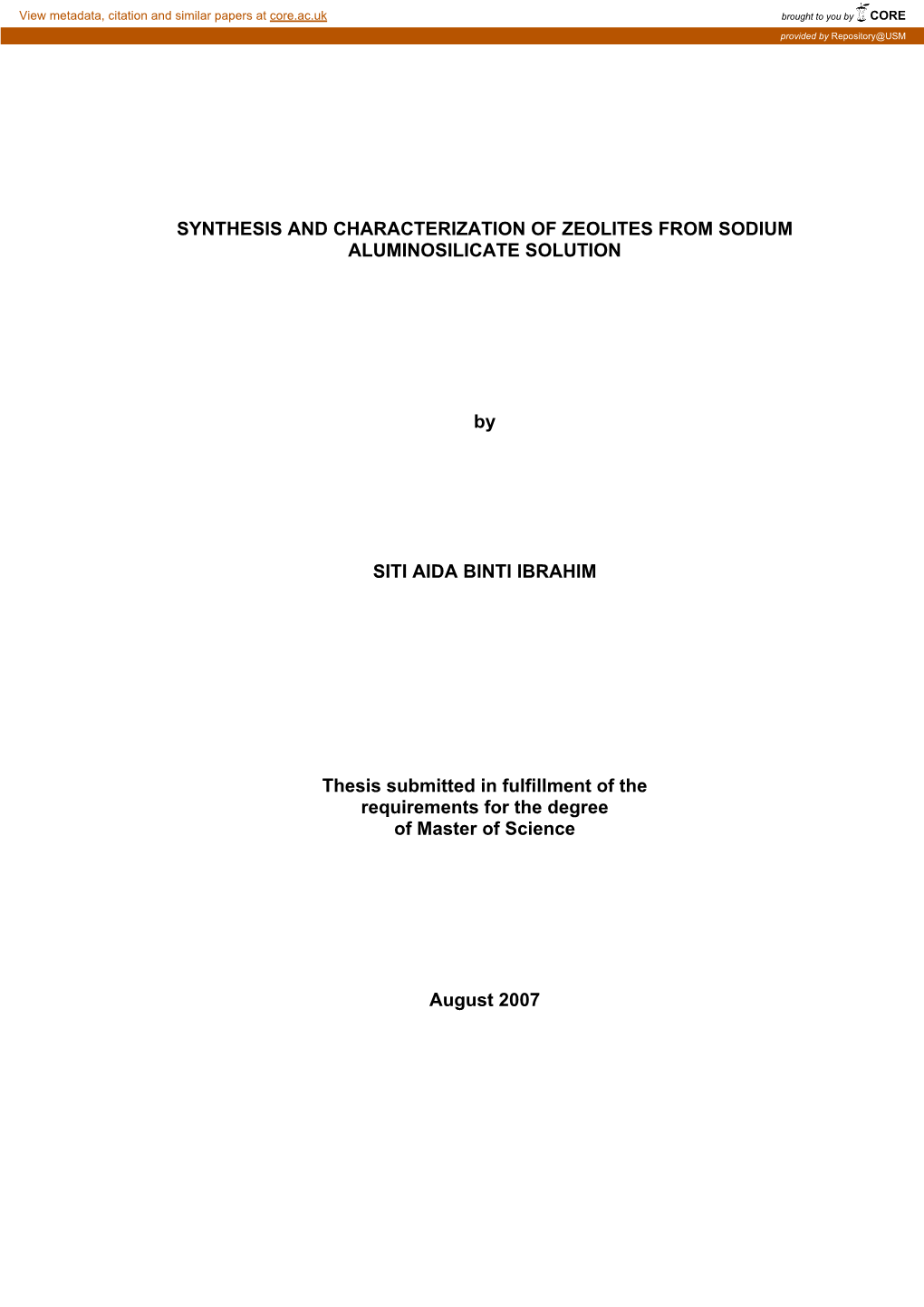 Synthesis and Characterization of Zeolites from Sodium Aluminosilicate Solution