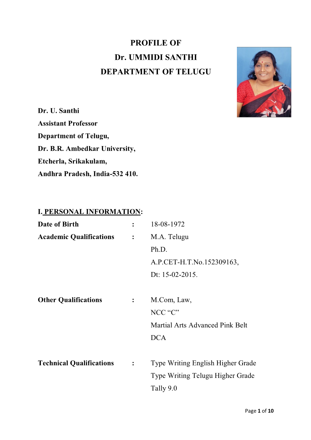 PROFILE of Dr. UMMIDI SANTHI DEPARTMENT of TELUGU