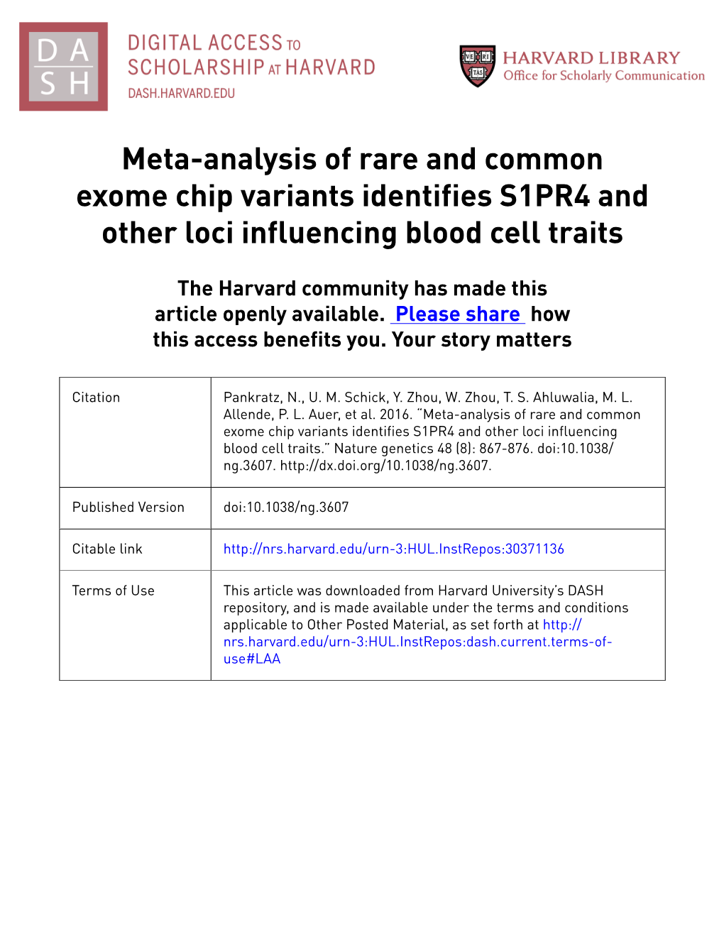 Meta-Analysis of Rare and Common Exome Chip Variants Identifies S1PR4 and Other Loci Influencing Blood Cell Traits