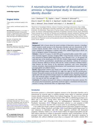A Neurostructural Biomarker of Dissociative Amnesia: a Hippocampal Study in Dissociative Cambridge.Org/Psm Identity Disorder