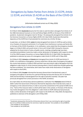 Derogations by States Parties from Article 21 ICCPR, Article 11 ECHR, and Article 15 ACHR on the Basis of the COVID-19 Pandemic